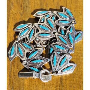 Vintage Zuni Sterling Turquoise Inlay Leaf Link Bracelet Genuine Navajo Silver